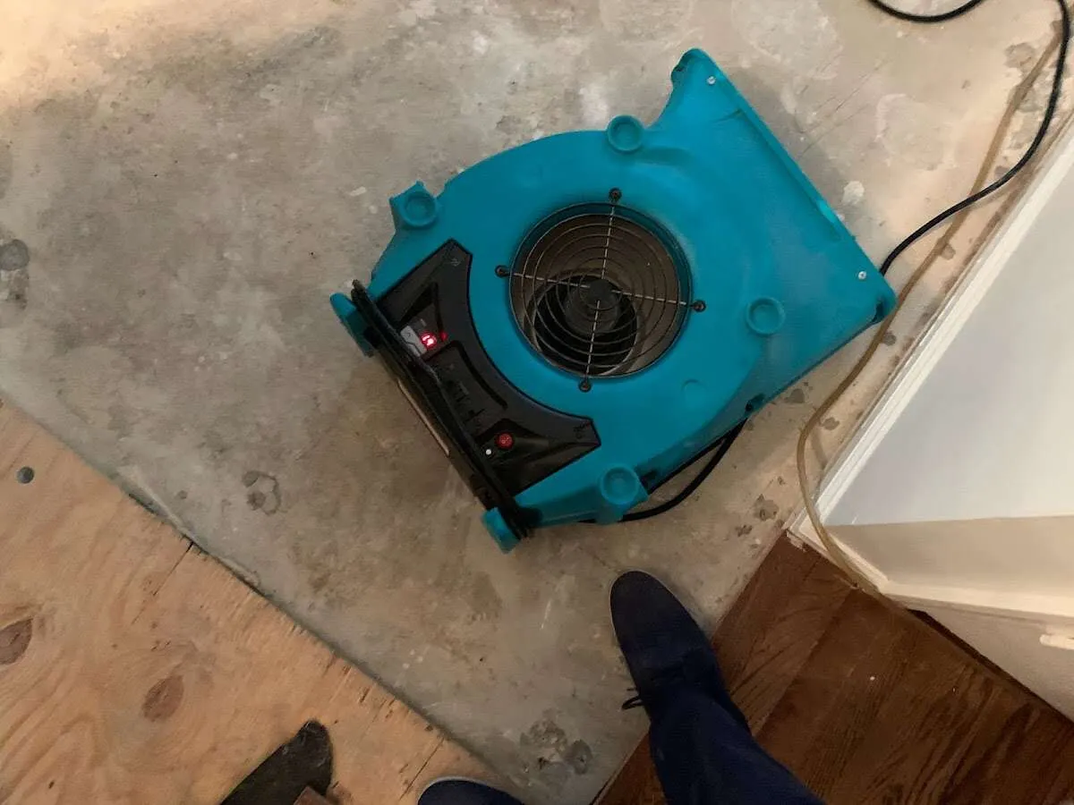 Air mover drying subfloor during Commercial Water Damage Restoration in New London